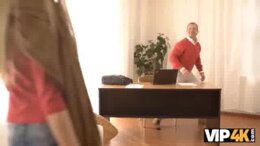 VIP4K&period; Babe loves her pussy being filled with old penis on the desk
