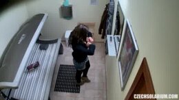 Teen Girl Touching her Pussy in Public Solarium
